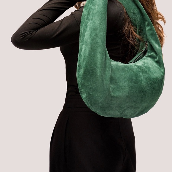 Tefia Ukraine Green Suede Hobo Bag | Handmade Leather Slouchy Shoulder - Picture 4 of 7
